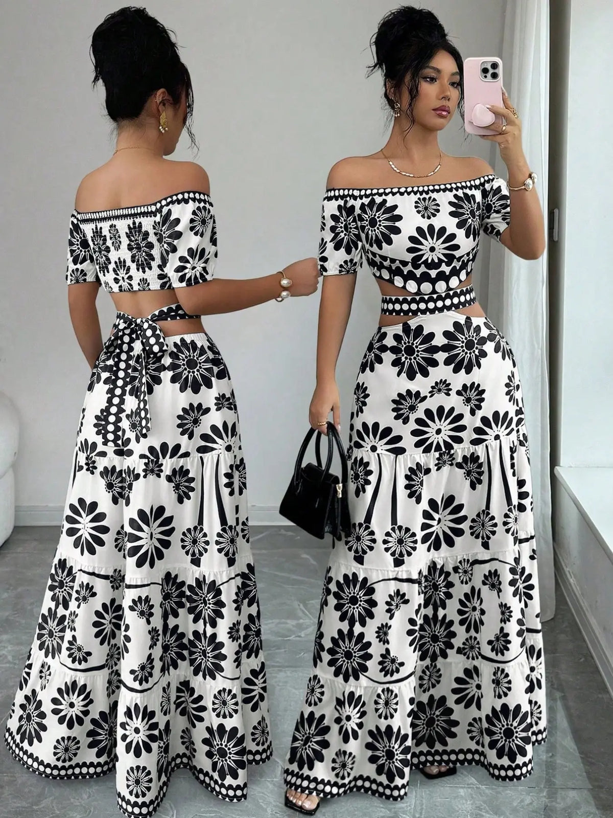 Women's Floral Off-Shoulder Short Sleeve Hollow Out Waist Fashion Chic Bohemian Dress, Tropical Vacation Women's Dress, Long Dress for Summer
