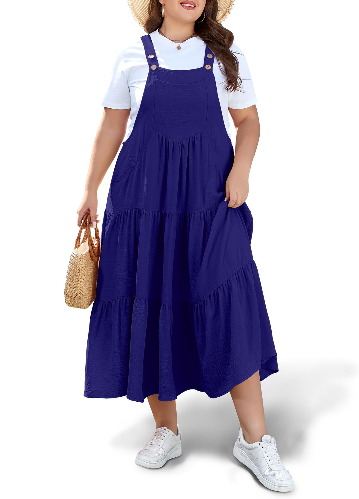 Moon Wood Plus Size Overall Dress for Women Summer Casual Maxi Dresses Jumper Dresses with Pockets Adjustable Straps