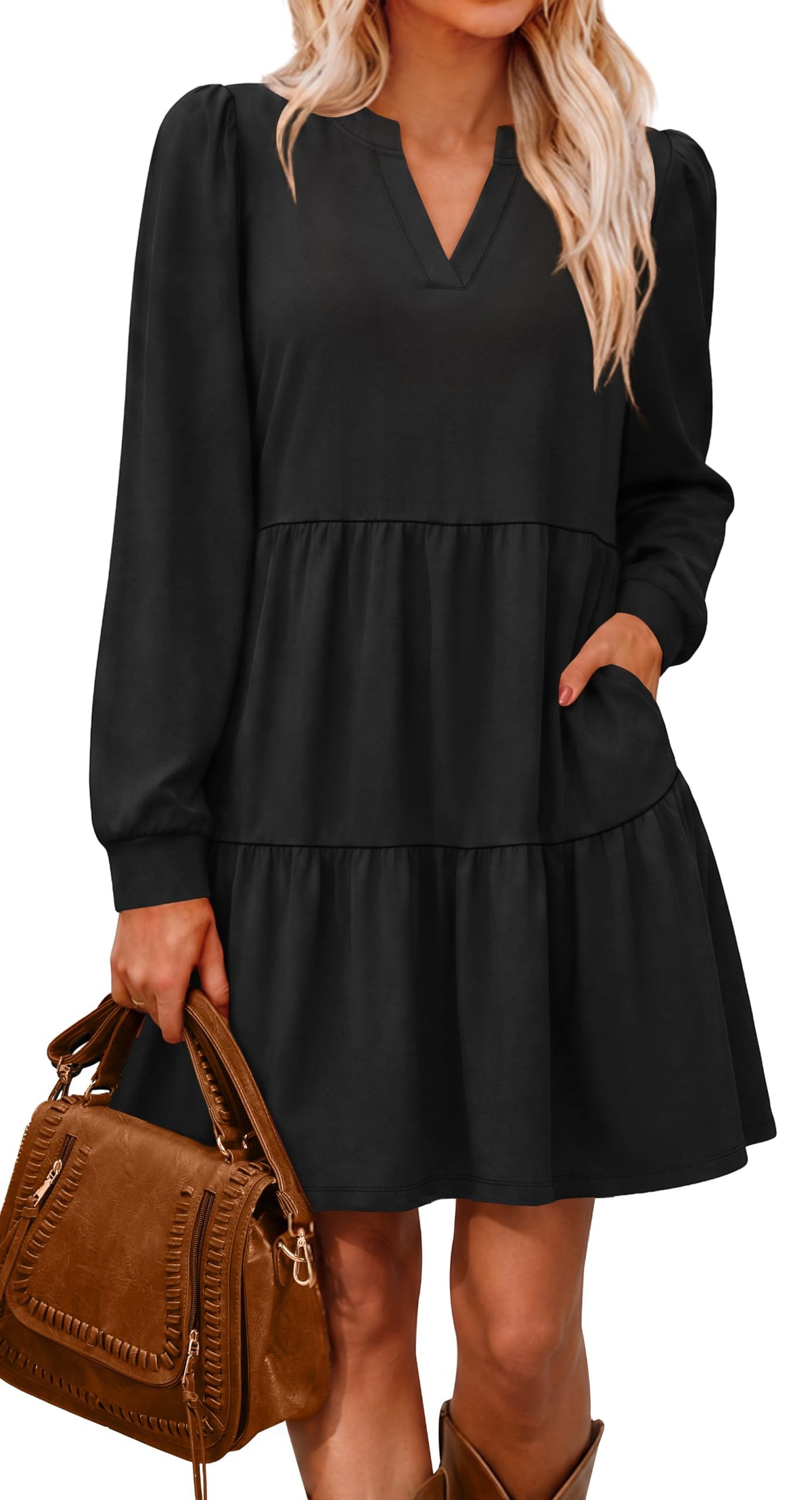 OFEEFAN Fall Dresses for Women V Neck Long Sleeve Tiered Dress with Pockets