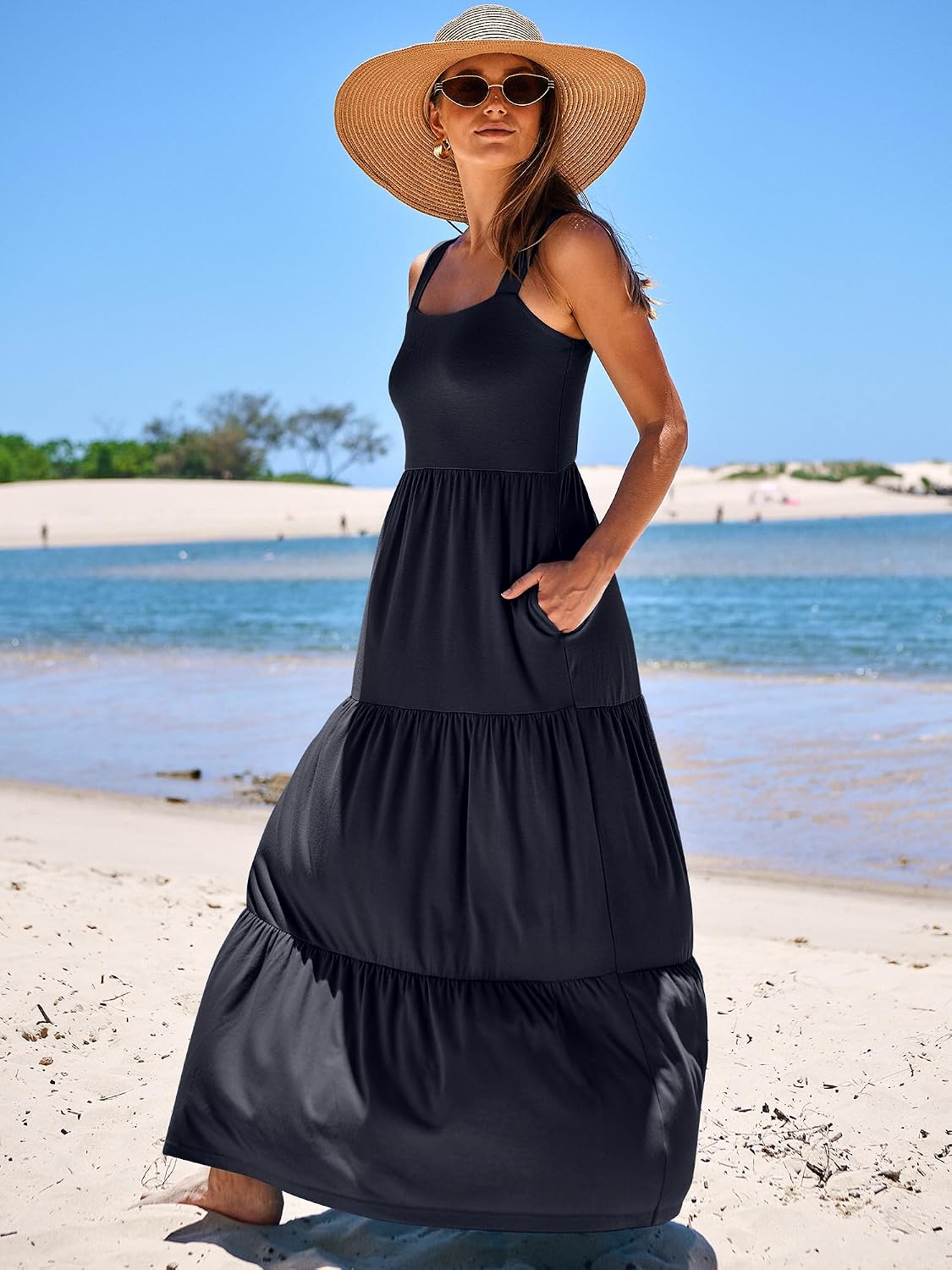 ANRABESS Women's Summer Flowy Maxi Dress Square Neck Sundress with Pockets