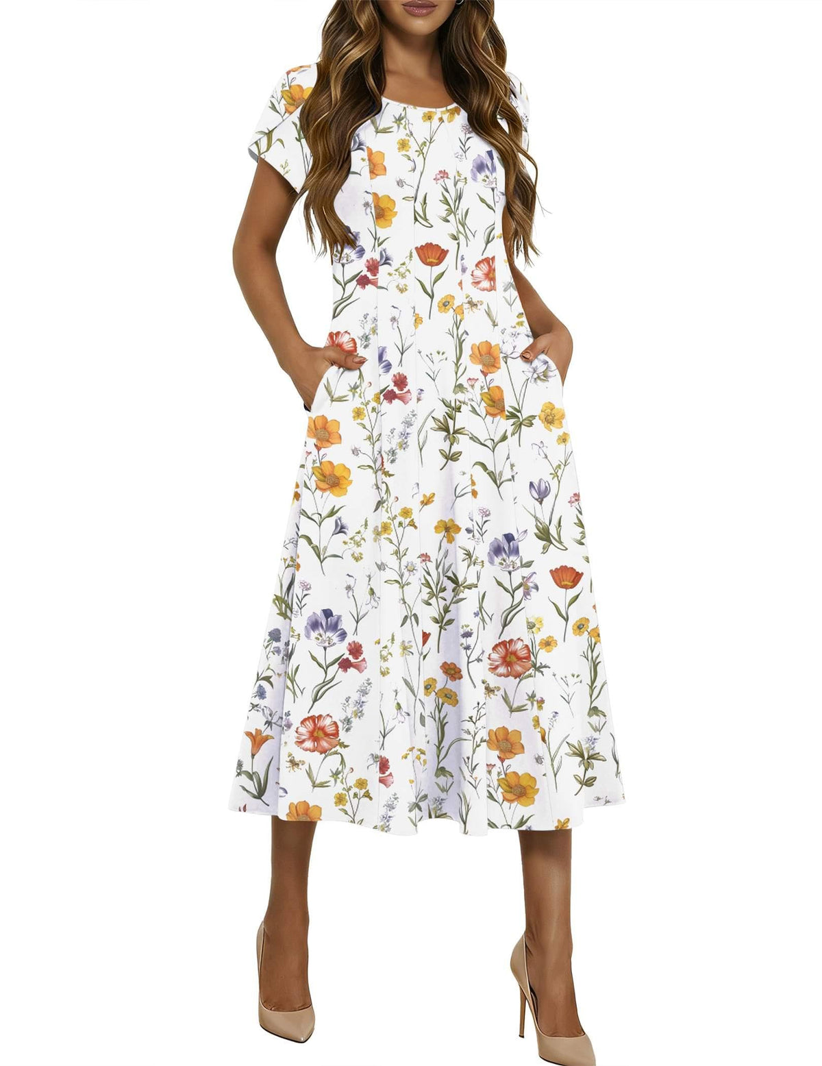 HOTOUCH Summer Dresses for Women 2026 Casual Midi Dress Petal Short Sleeve A Line Dress Pleated Flare Sundress