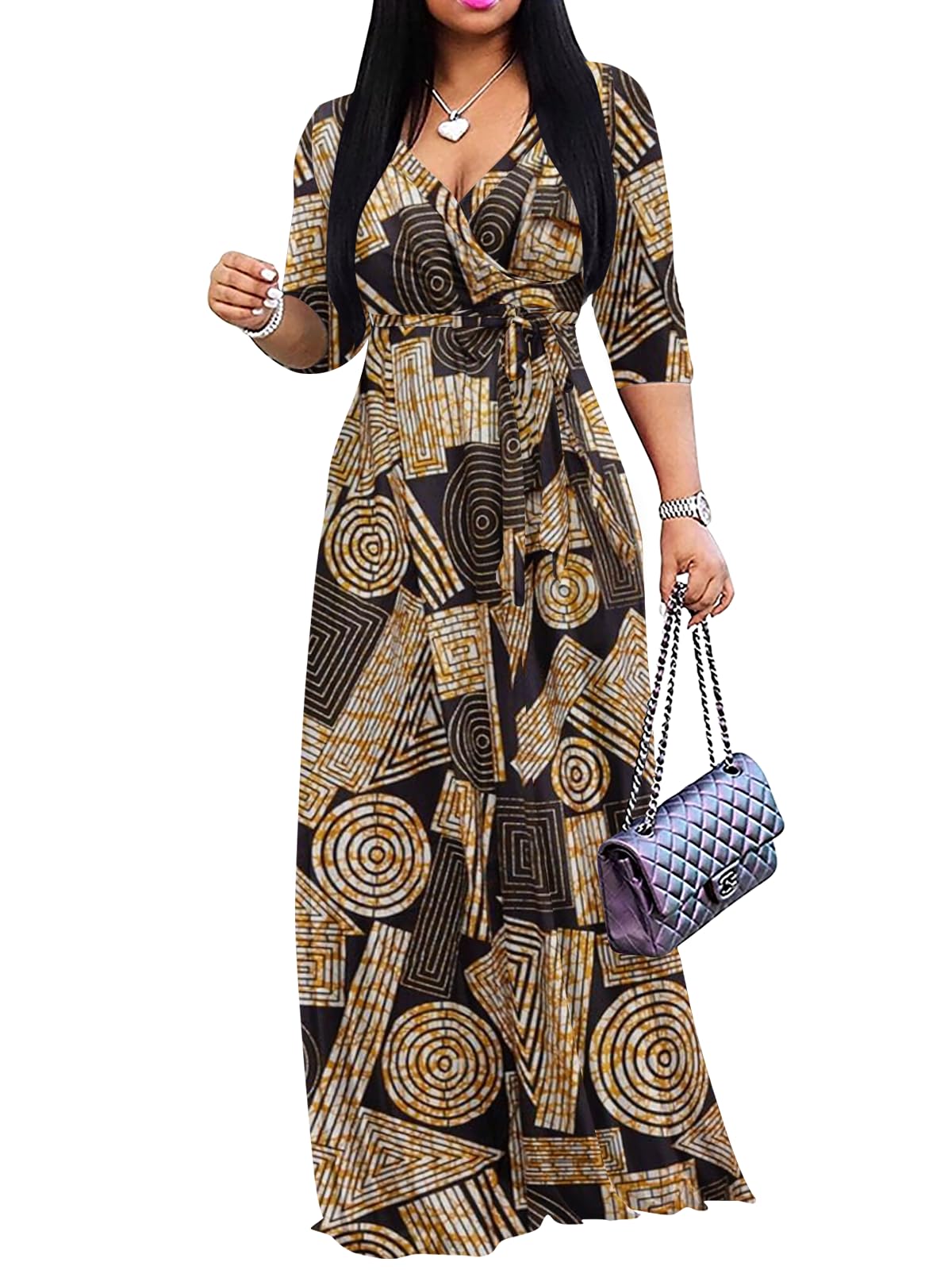 Yajedo Womens Casual Summer Maxi Dress Plus Size Sexy Wrap V Neck 3/4 Sleeve Sundress with Pockets