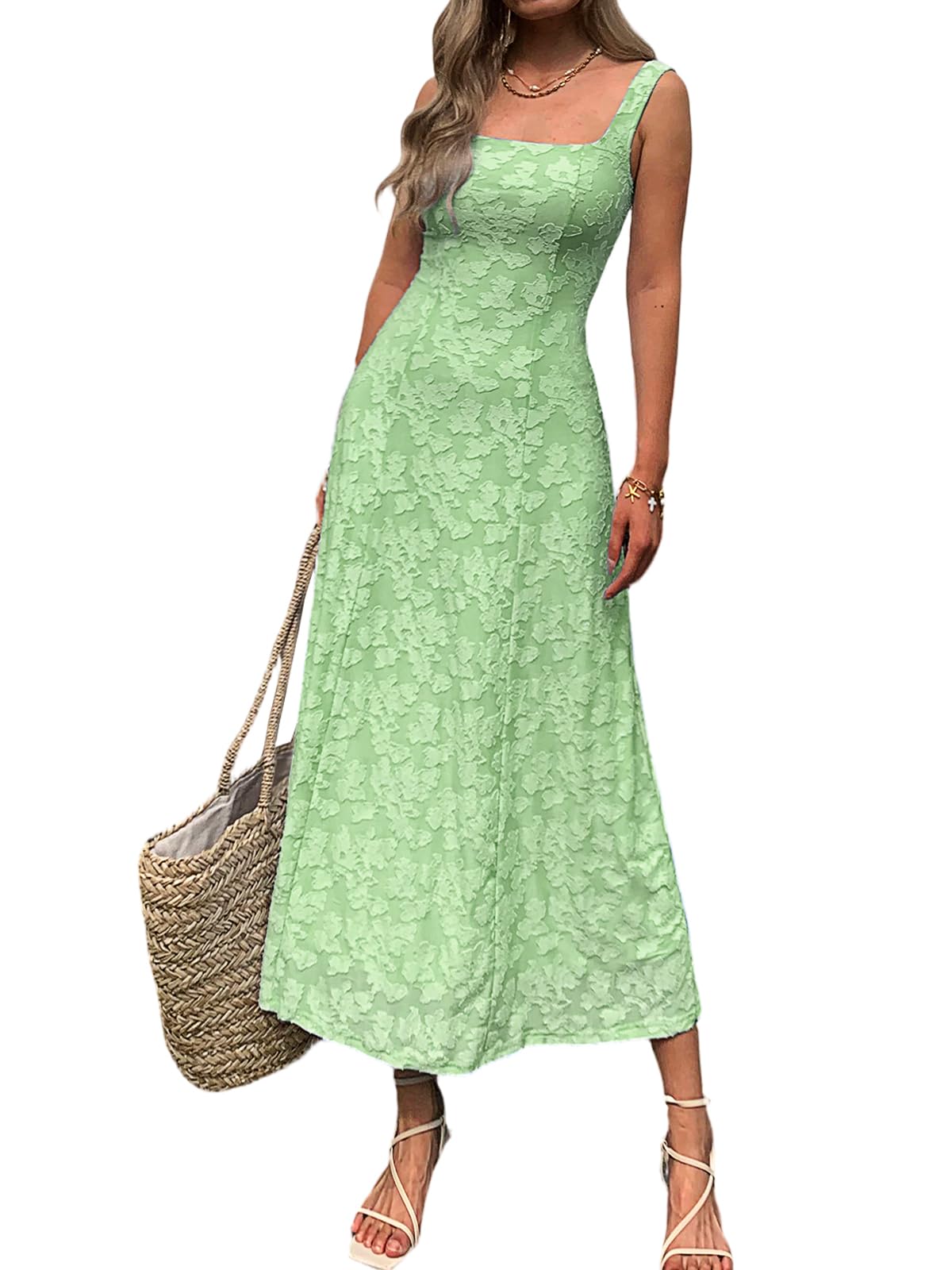 Mieazom Women’s Floral Maxi Dress Square Neck Sleeveless A Line Summer Dress Elegant Fitted Bodice Flowy Long Sundress