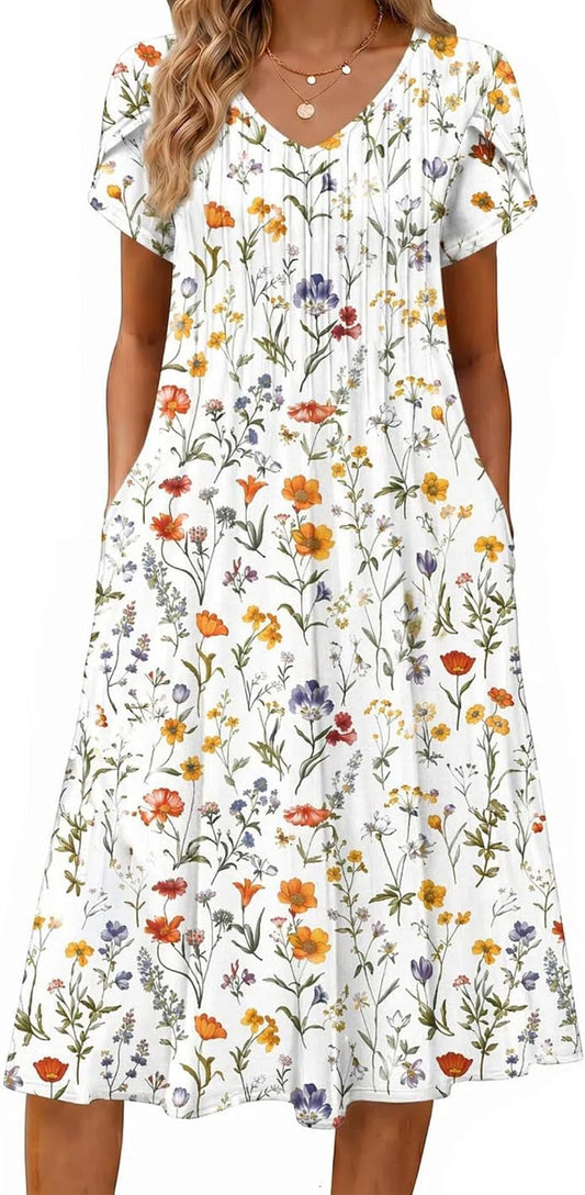 Zeagoo Womens Casual Summer Dress 2026 Short Sleeve Dresses Pleats Midi A Line Flowy Dress Boho Beach Sundress with Pockets