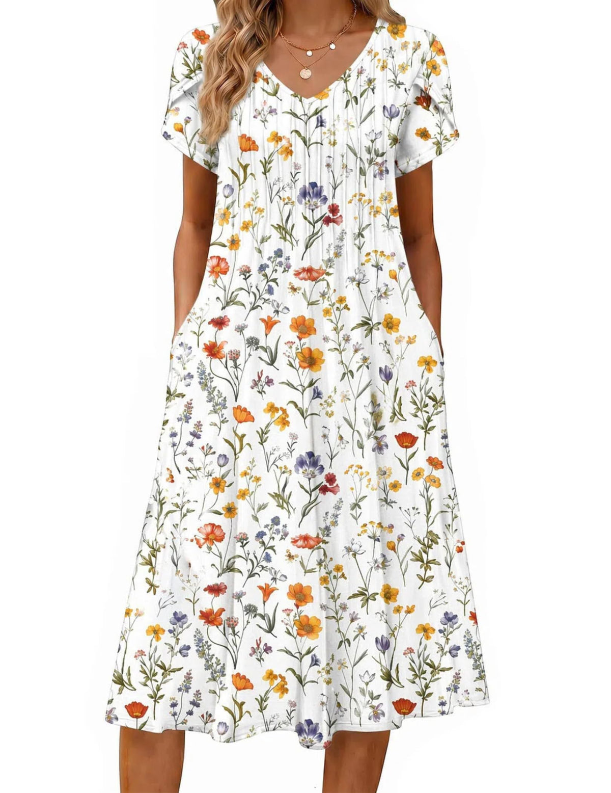 Zeagoo Womens Casual Summer Dress 2026 Short Sleeve Dresses Pleats Midi A Line Flowy Dress Boho Beach Sundress with Pockets
