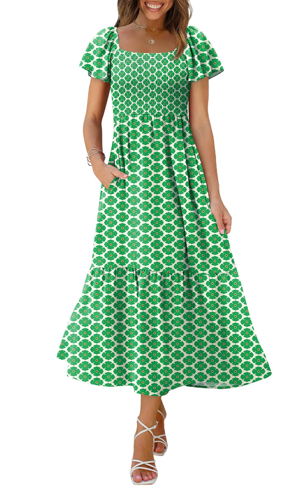 OFEEFAN Summer Dresses for Women Square Neck Ruffle Sleeve Smocked Maxi Dress with Pockets
