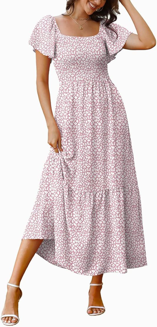 OFEEFAN Summer Dresses for Women Square Neck Ruffle Sleeve Smocked Maxi Dress with Pockets
