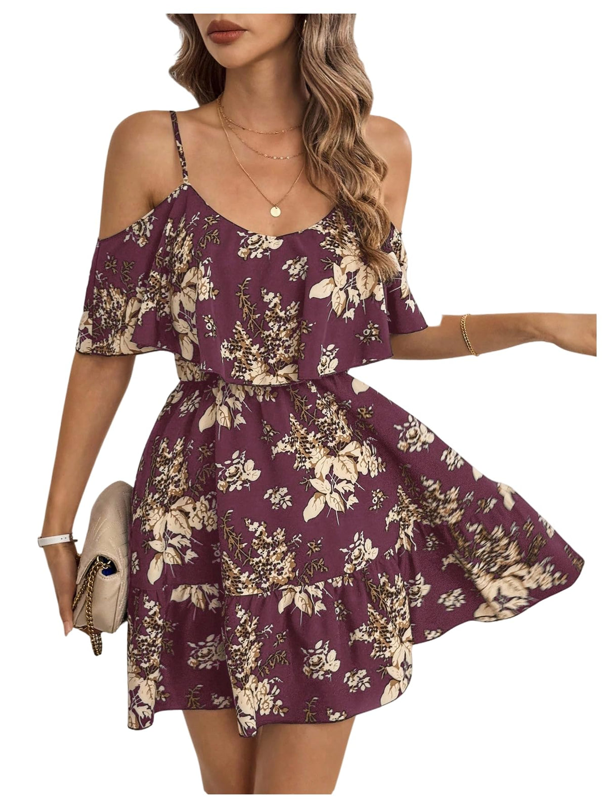 SOLY HUX Women's Summer Floral Mini Dress Cold Shoulder Ruffle Dresses