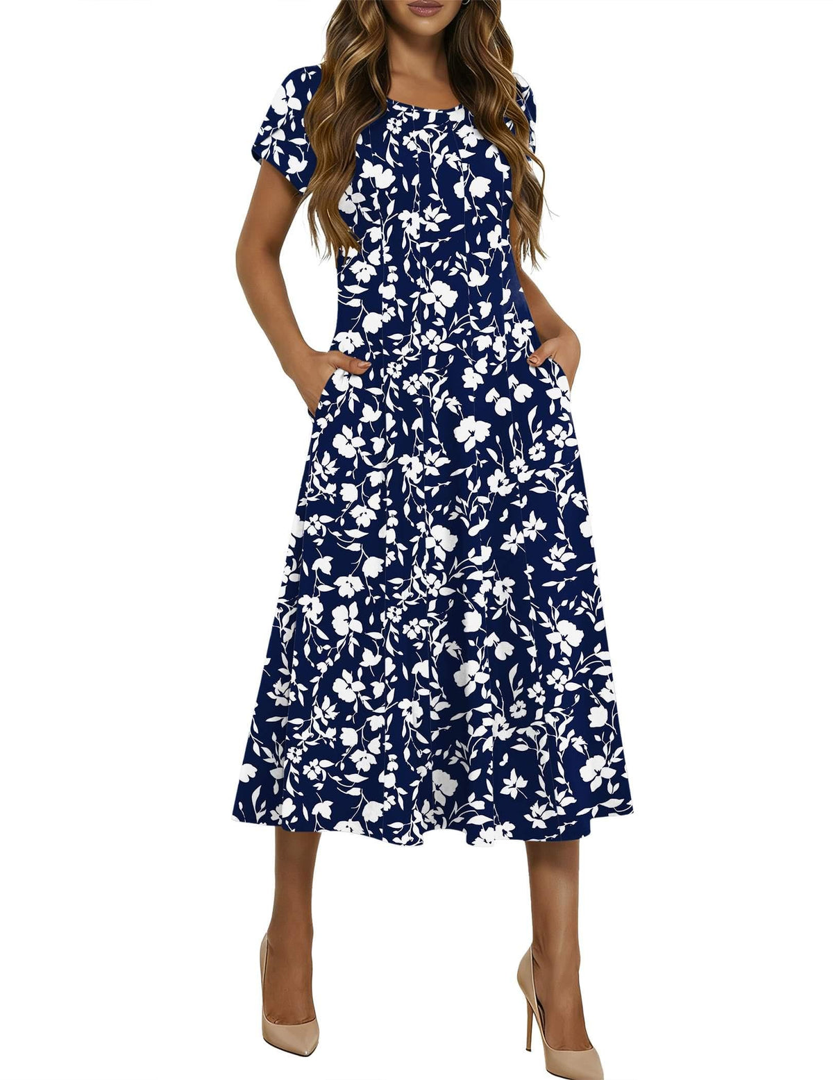 HOTOUCH Summer Dresses for Women 2026 Casual Midi Dress Petal Short Sleeve A Line Dress Pleated Flare Sundress