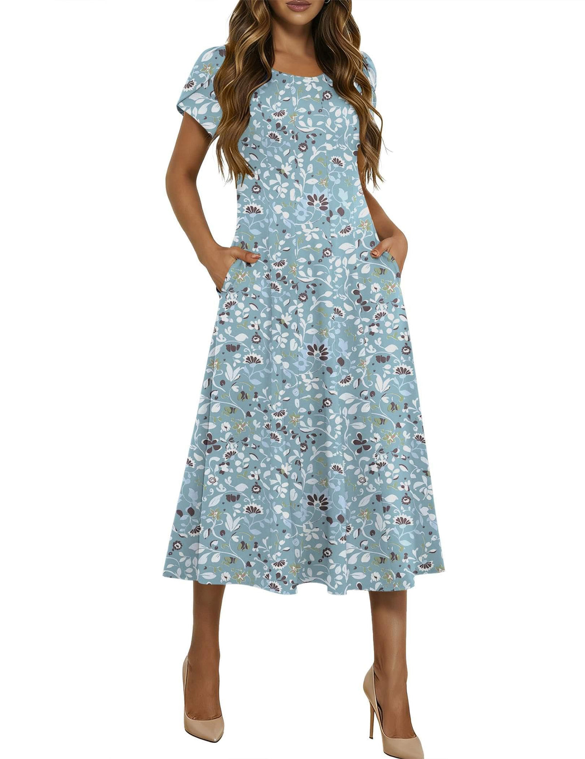 HOTOUCH Summer Dresses for Women 2026 Casual Midi Dress Petal Short Sleeve A Line Dress Pleated Flare Sundress
