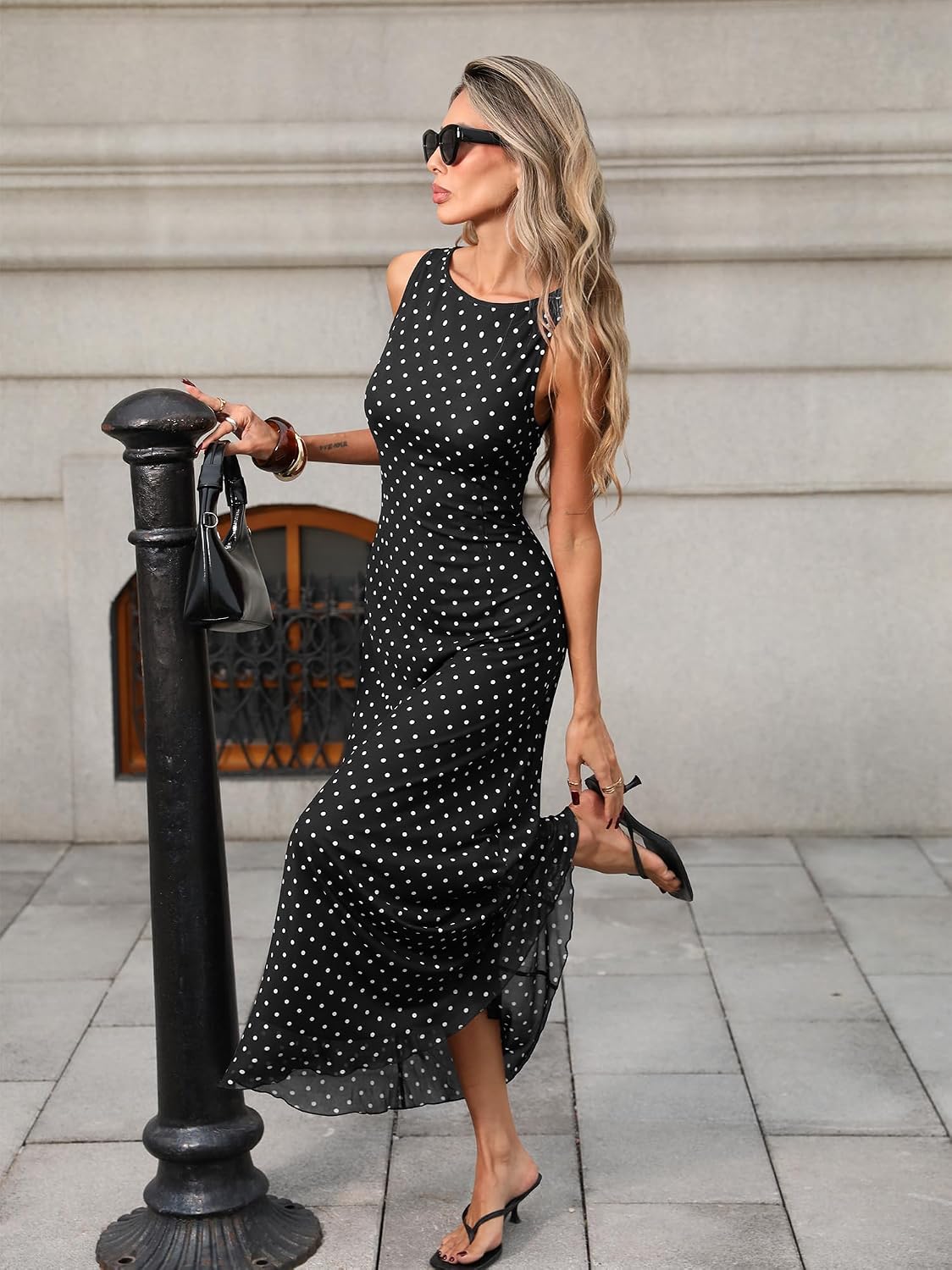 ELLEVEN Women’s Polka Dot Maxi Tank Dress Fitted Elegant Long Dress
