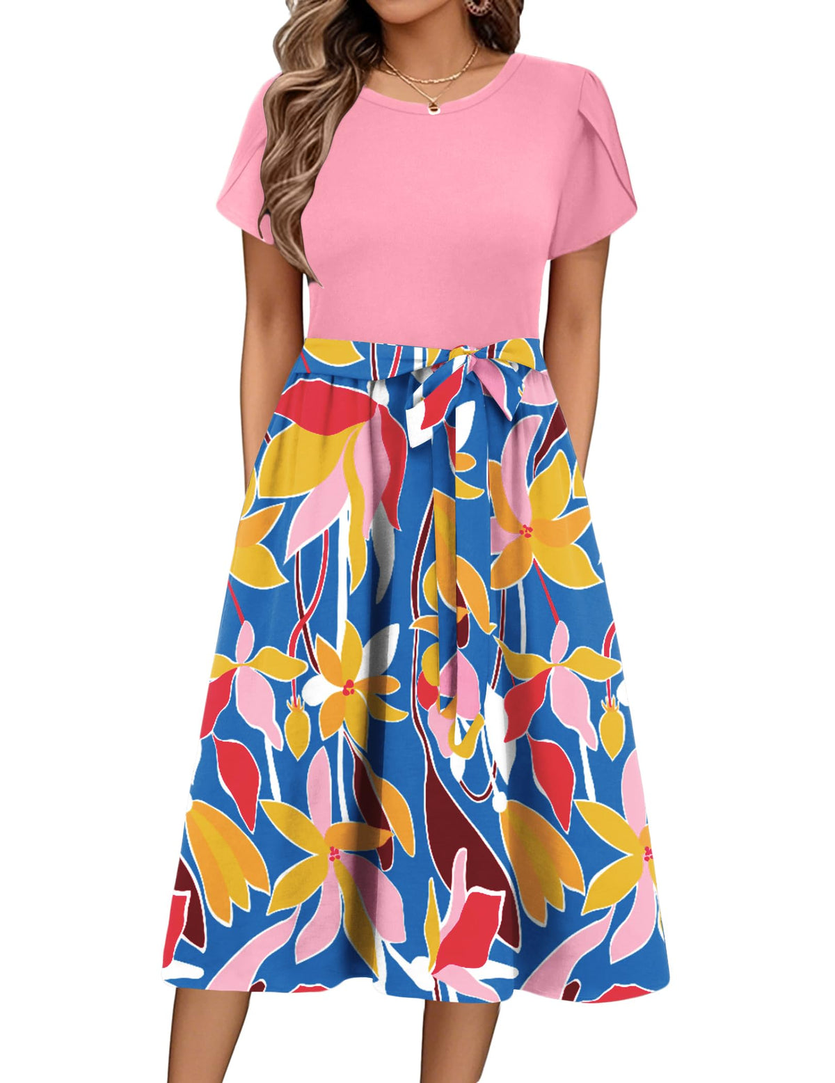 Zeagoo Womens Midi Dress Summer Short Sleeve Dress with Pockets 2025 Casual Floral T-Shirt Dress Flowy Beach Sundress