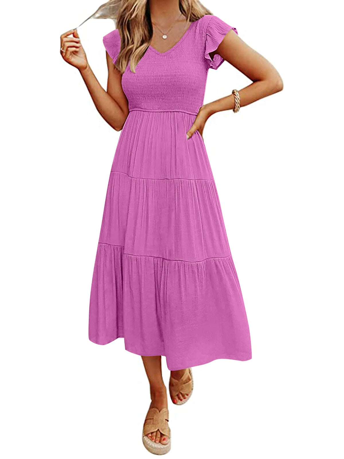 MEROKEETY Women's Summer 2026 Flutter Sleeve Smocked Casual Midi Dress