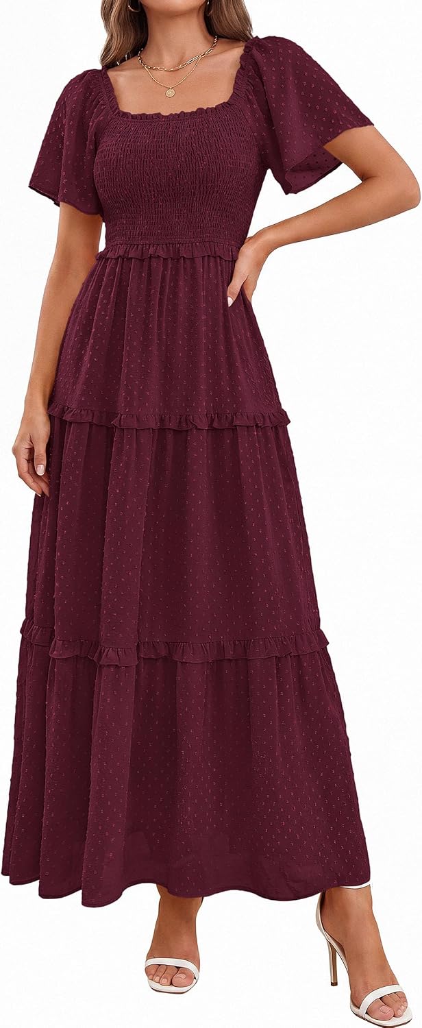 PRETTYGARDEN Womens Summer Dresses Boho Maxi Swiss Dot Dress