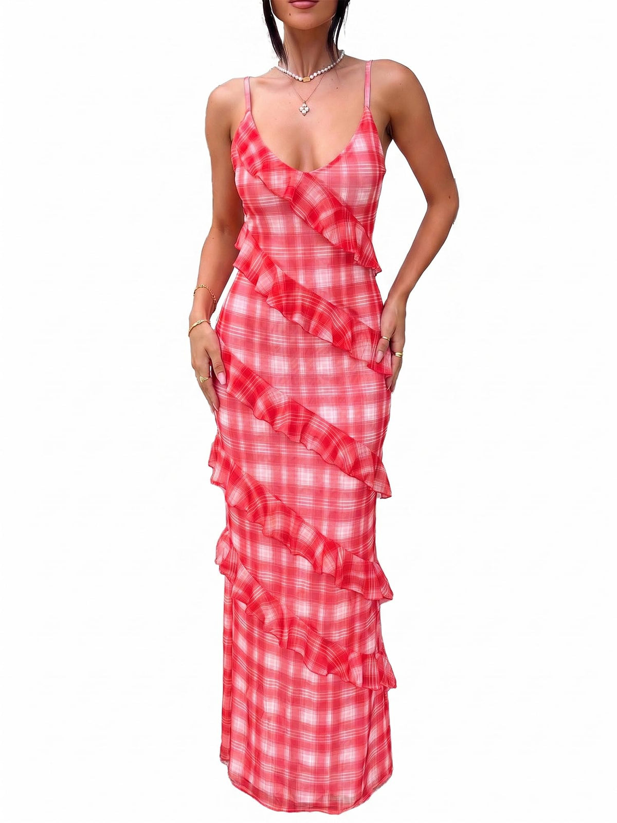 HOCILLE Women's Sexy V Neck Mesh Bodycon Wedding Guest Cocktail Maxi Dress