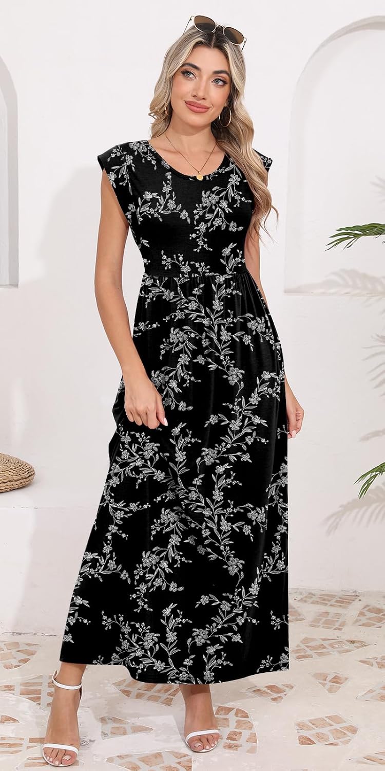 DB MOON Womens 2026 Maxi Dresses Empire Waist Long Summer Dress Casual Cap Short Sleeve Sundress with Pockets