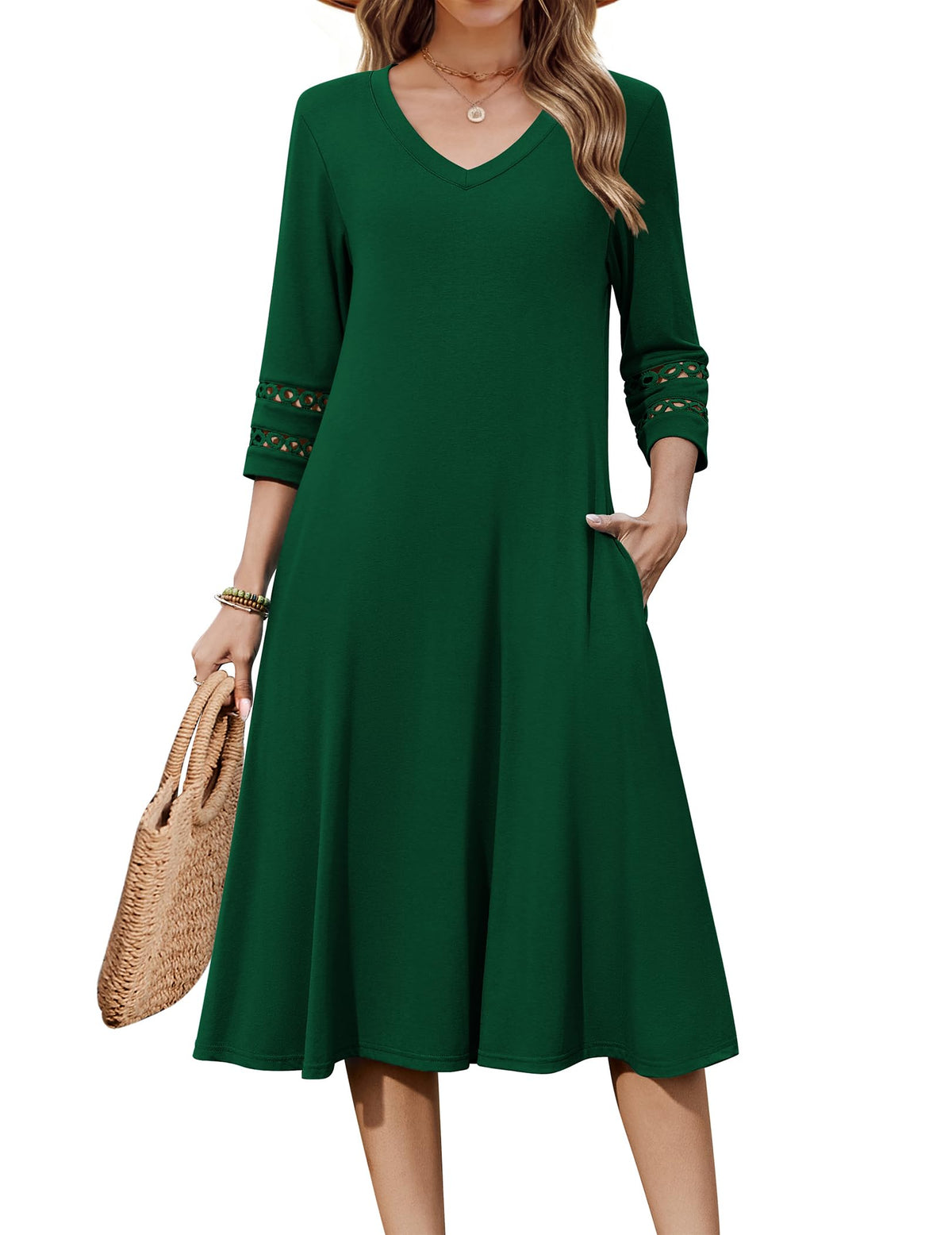 Zeagoo Women's Dresses 3/4 Sleeve Casual V-Neck A Line Eyelet Midi Dress