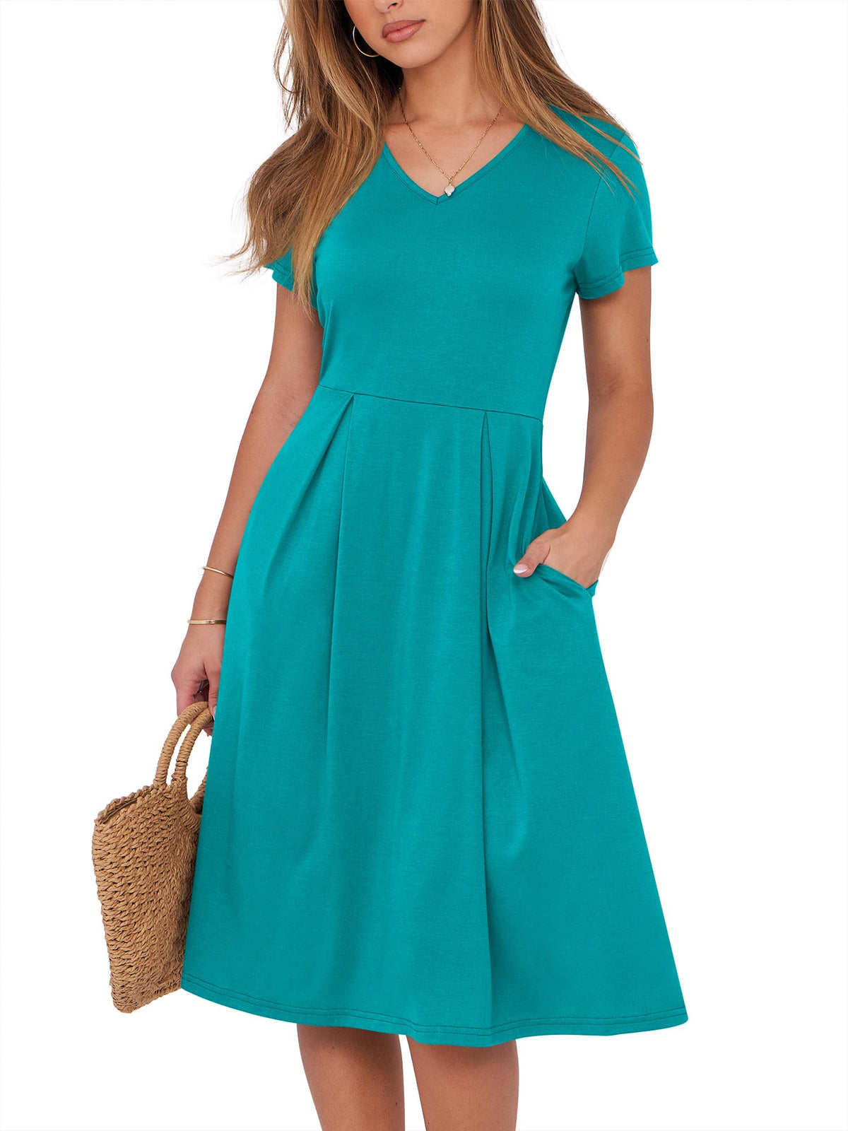 ANRABESS Women Summer Dress Casual Short Sleeve V Neck A-Line Knee Length Pleated Flowy 2026 Fashion Midi Dresses with Pocket