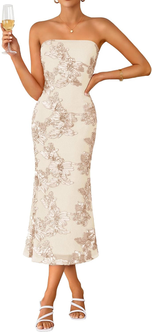 ZESICA 2026 Summer Strapless Floral Cocktail Wedding Guest Dress for Women