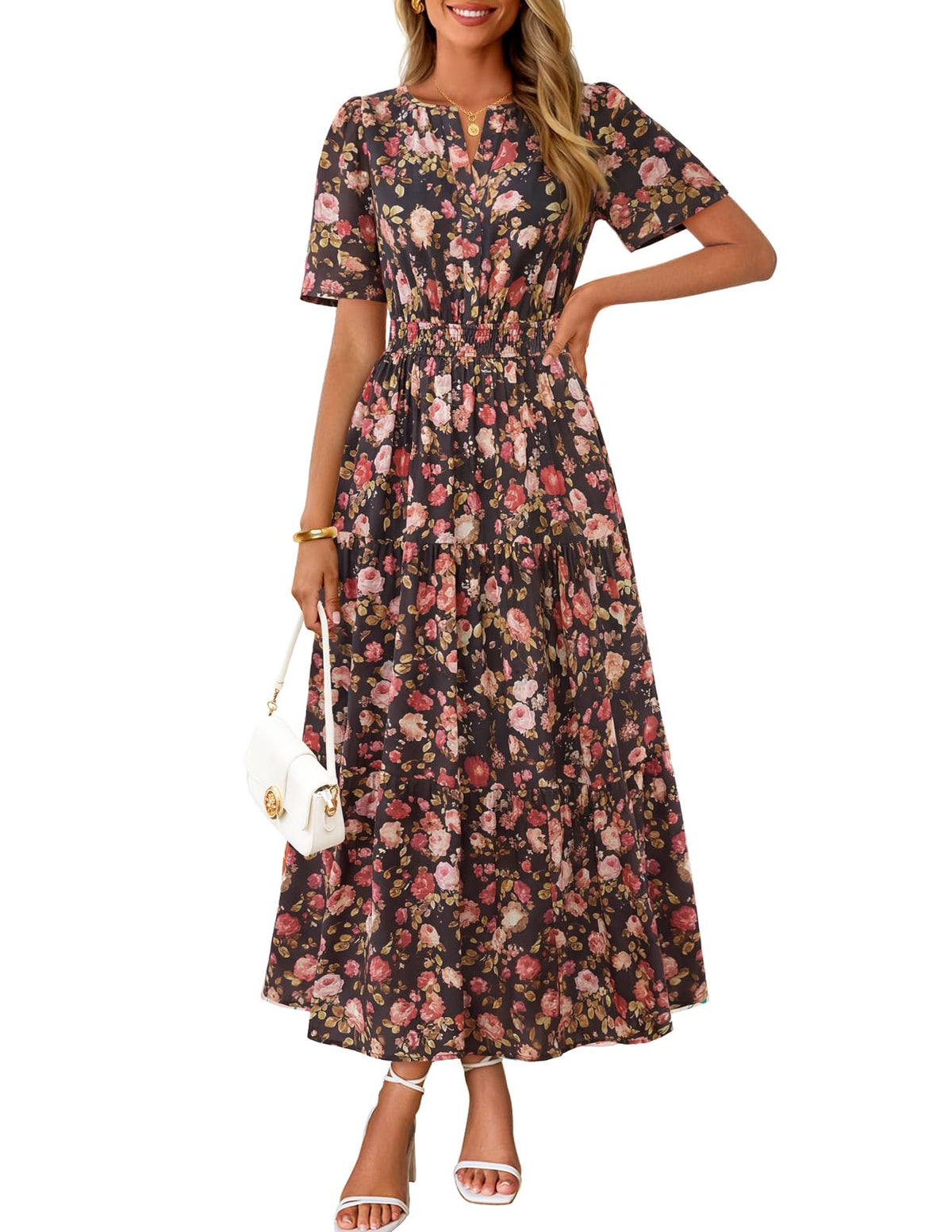 MEROKEETY Women's Summer Casual Floral Boho Short Sleeve Midi Maxi Dresses