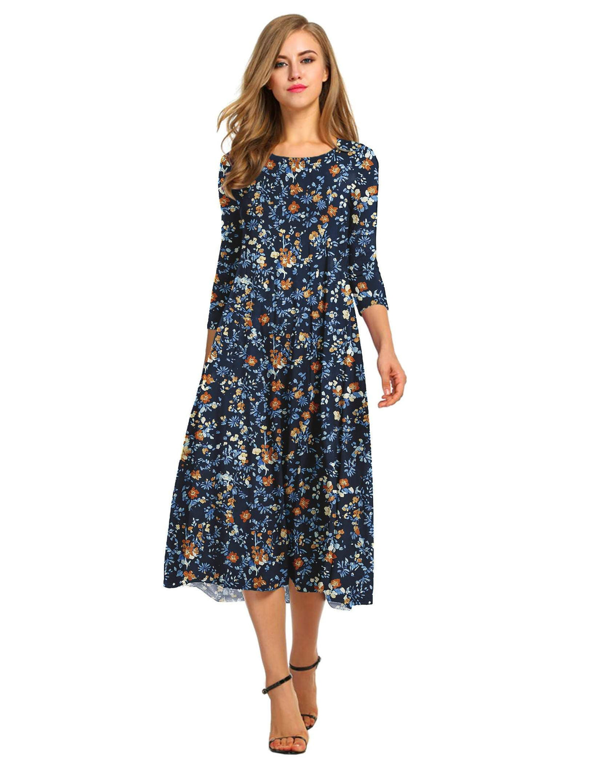 HOTOUCH Women's 3/4 Sleeve A-line and Flare Midi Long Dress