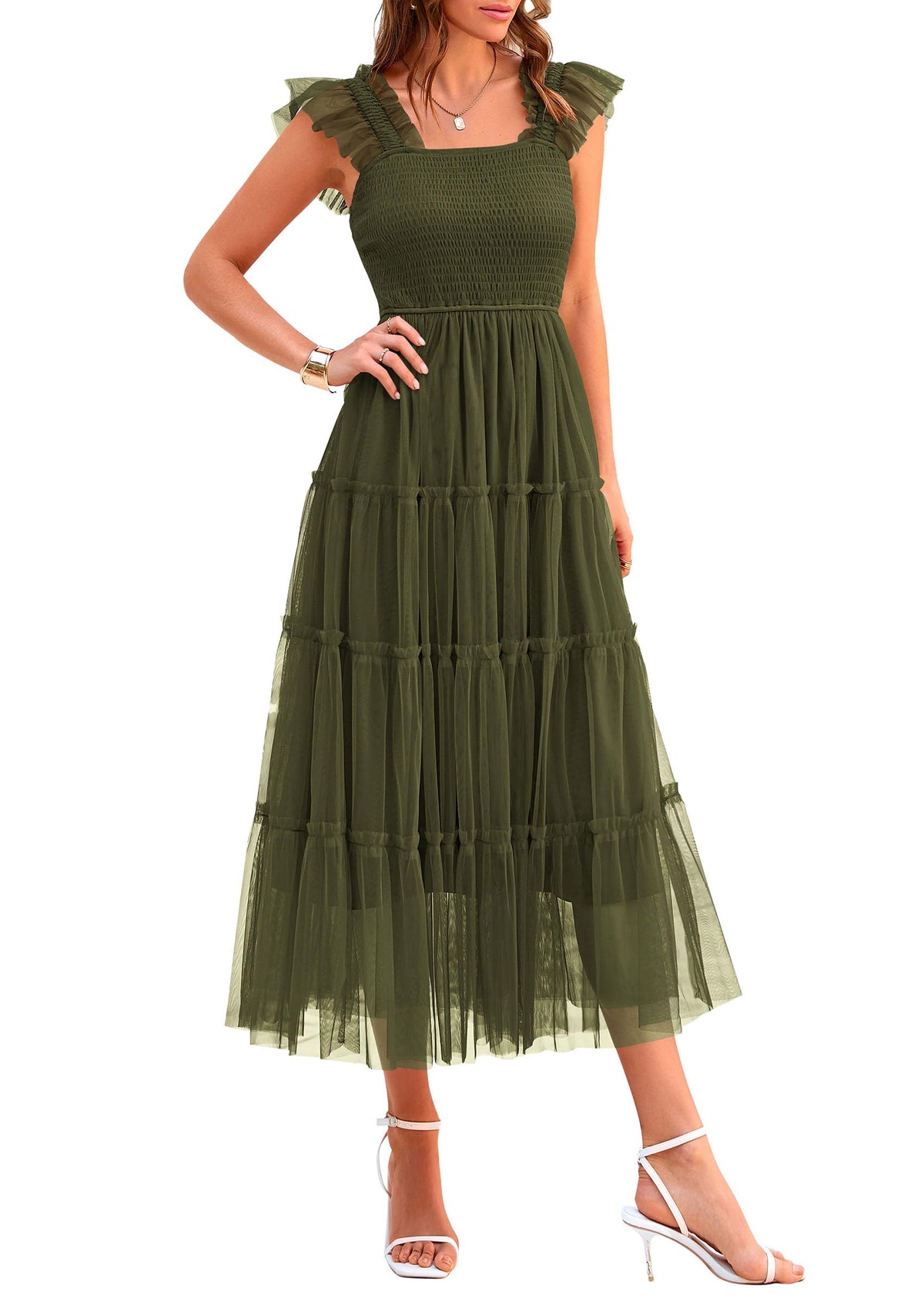 PRETTYGARDEN Women's Summer Smocked Midi Tulle Dress