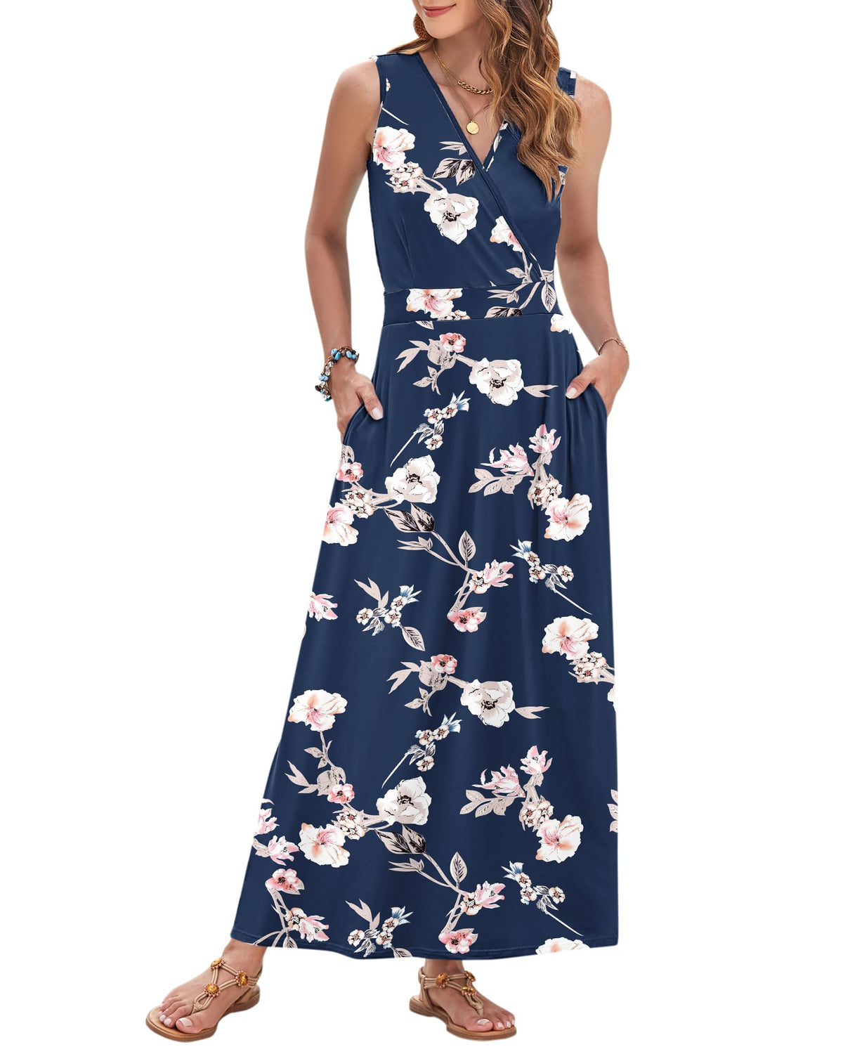 AUSELILY Womens Maxi Dress Summer Sleeveless Wrap Long Dresses with Pockets