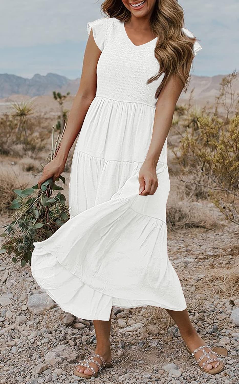 MEROKEETY Women's Summer 2026 Flutter Sleeve Smocked Casual Midi Dress