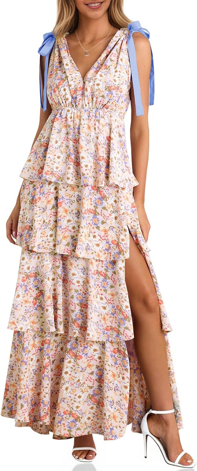 Wenrine Womens Elegant Wedding Guest Dress Floral Ruffle Maxi Dresses