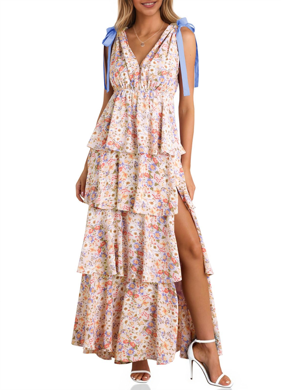 Wenrine Womens Elegant Wedding Guest Dress Floral Ruffle Maxi Dresses