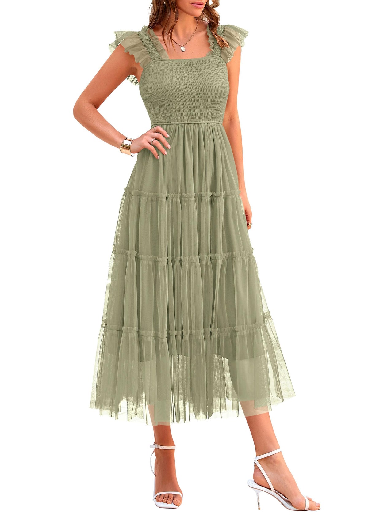 PRETTYGARDEN Women's Summer Smocked Midi Tulle Dress