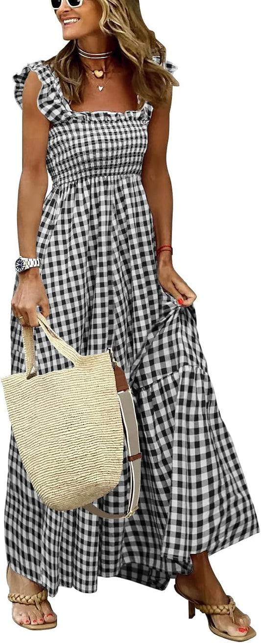chouyatou Women's Retro Plaid Smocked Dress Spaghetti Strap Flounce Long Dress