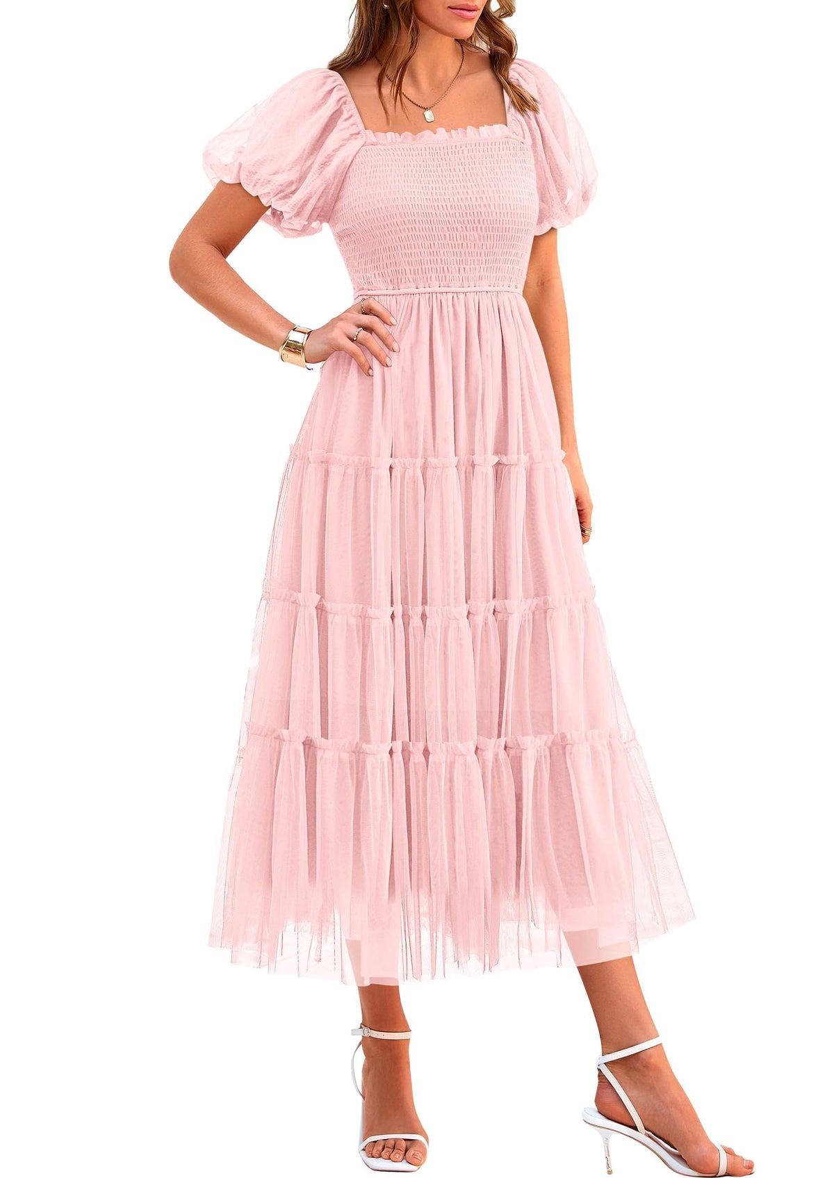 PRETTYGARDEN Women's Summer Smocked Midi Tulle Dress