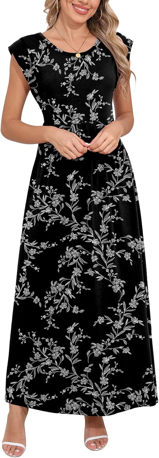 DB MOON Womens 2026 Maxi Dresses Empire Waist Long Summer Dress Casual Cap Short Sleeve Sundress with Pockets