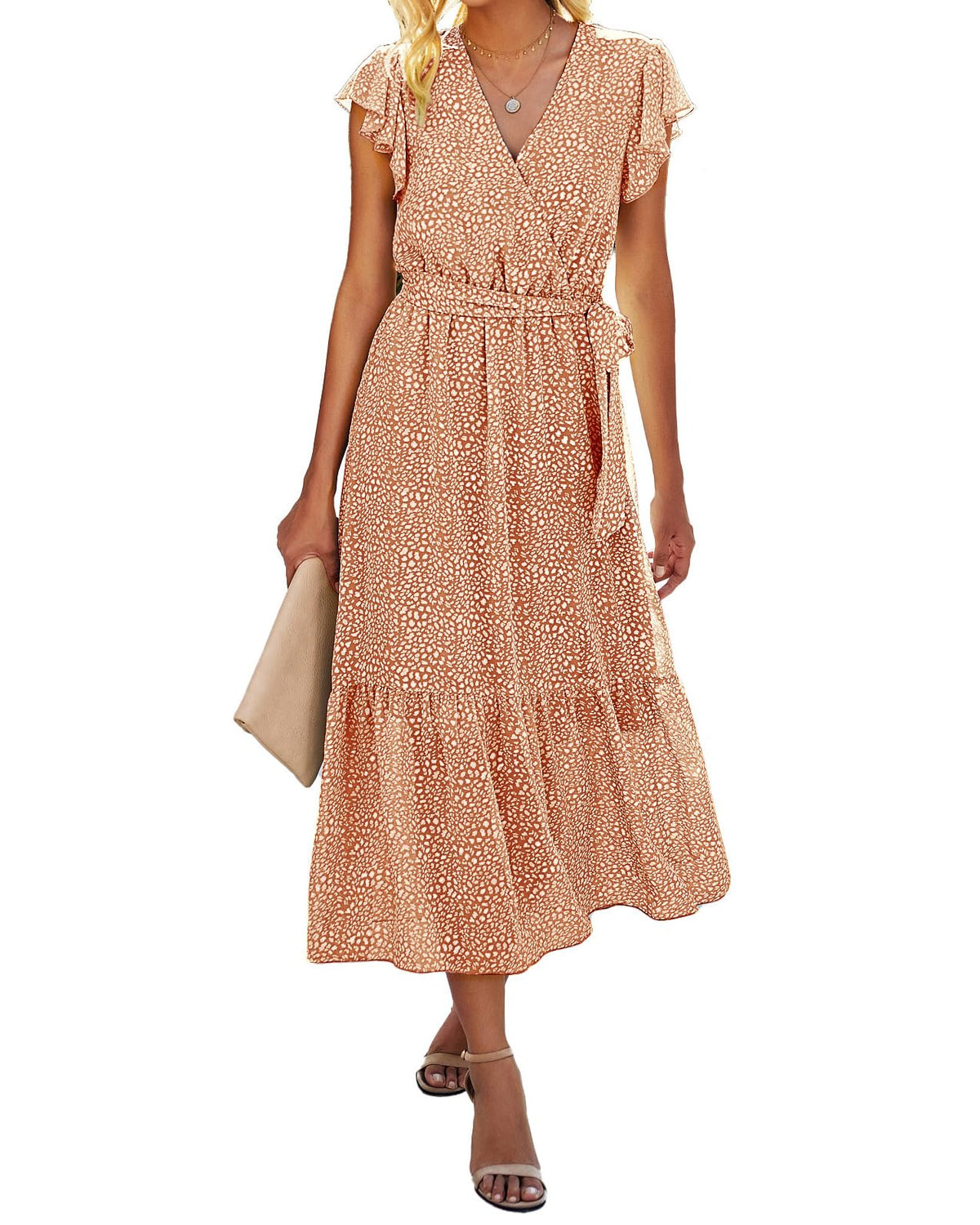 BTFBM Women Summer Casual Wrap V Neck Ruffle Cap Sleeve Belted Midi Dress