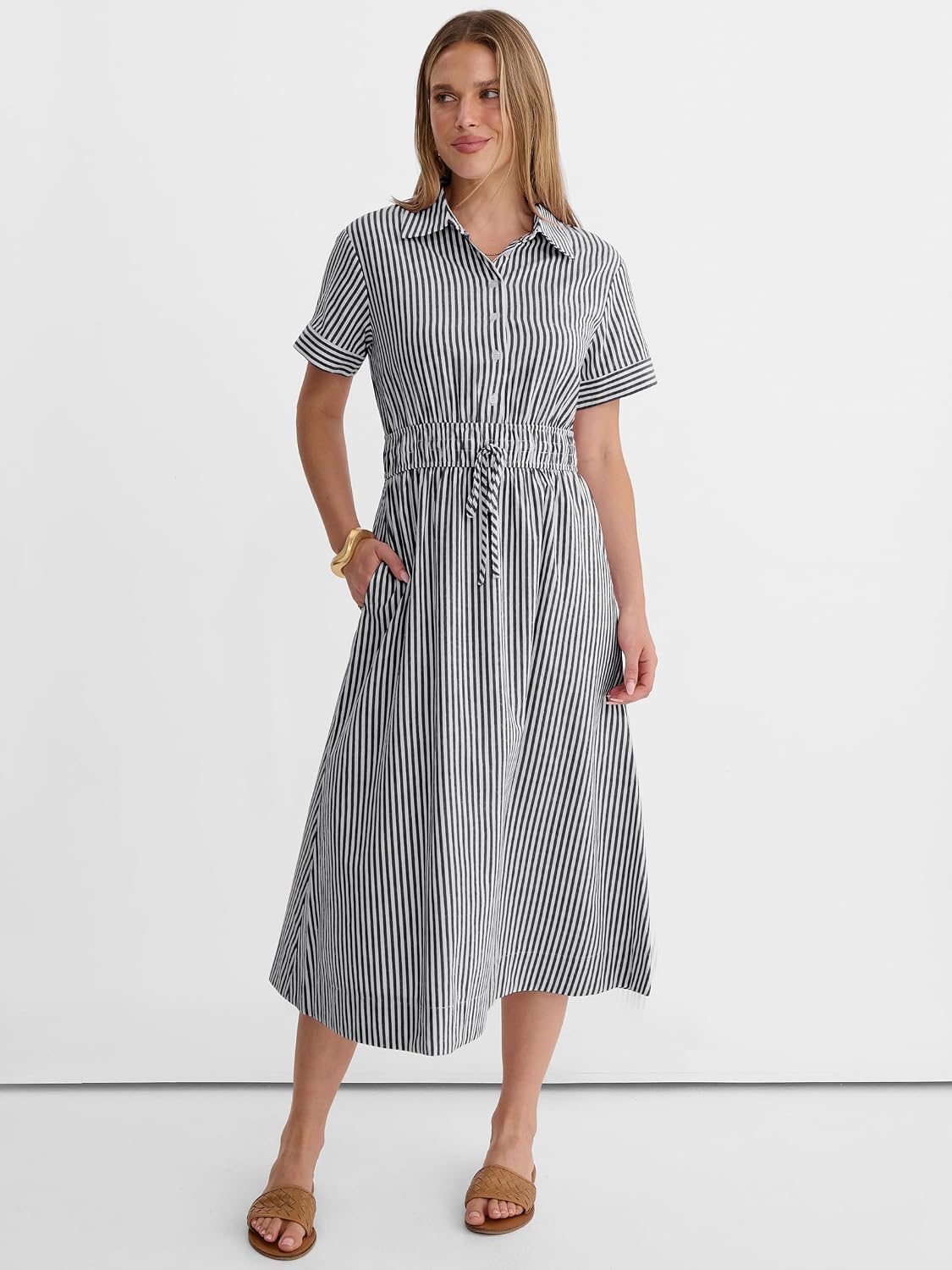 ANRABESS Women Summer Short Sleeve Midi Dress, Striped & Gingham, Casual A-Line Button Collar Shirt Dress, Beach & Vacation