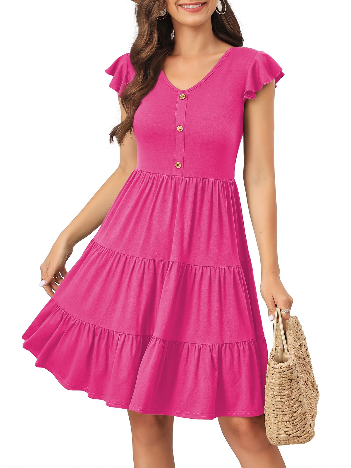 Lamilus Summer Dresses for Women 2026 Ruffle Sleeve V Neck Non-See Through Tiered Babydoll Mini Dress Graduation Beach