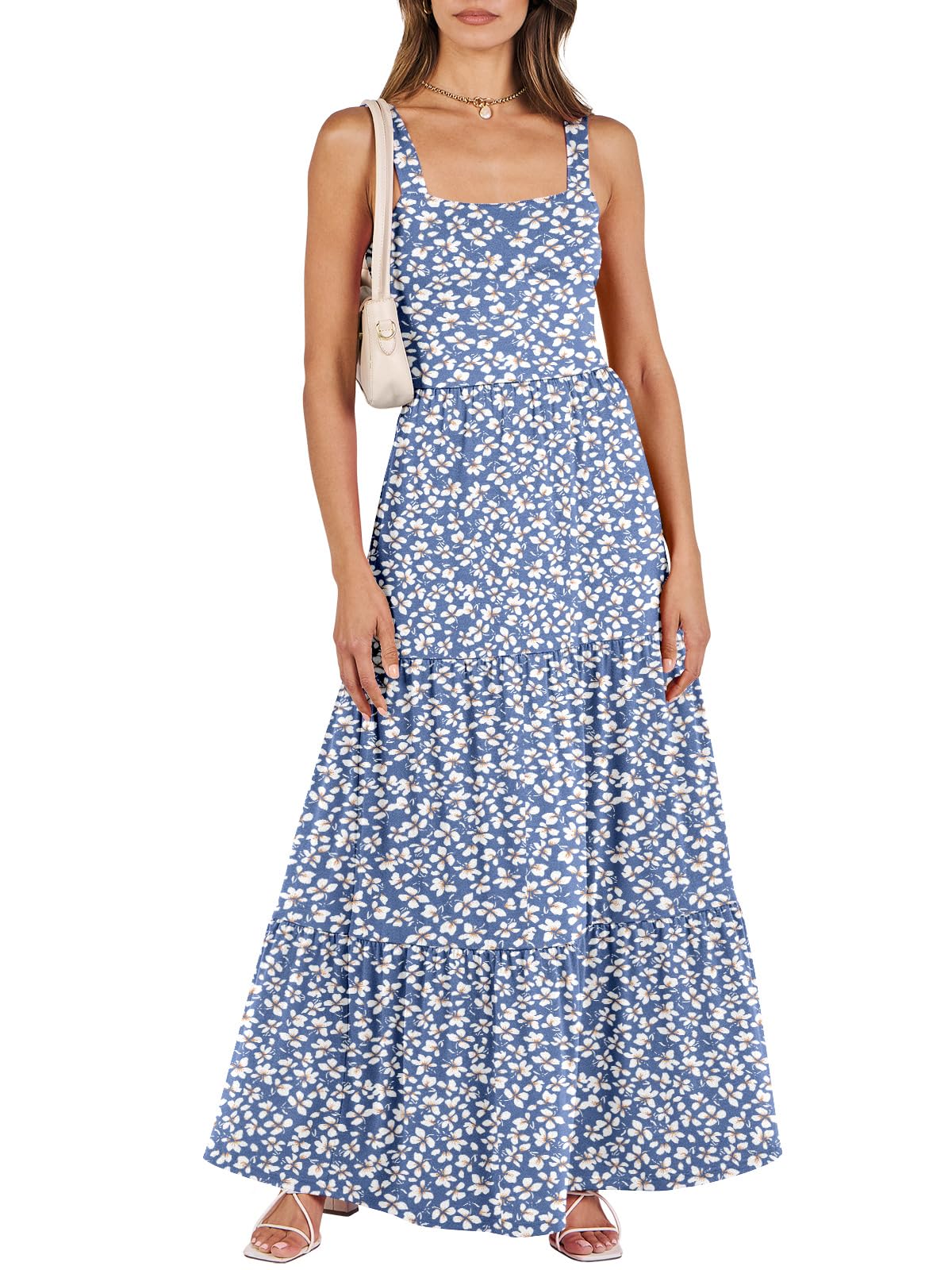 ANRABESS Women's Summer Flowy Maxi Dress Square Neck Sundress with Pockets