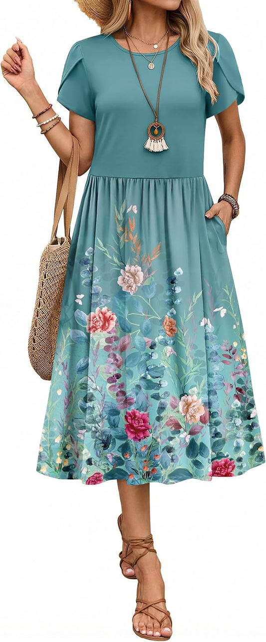 Zeagoo Womens Summer Dresses Casual Aline Midi Dress Short Sleeve Floral Tshirt Dress Flowy Beach Sundresses with Pockets