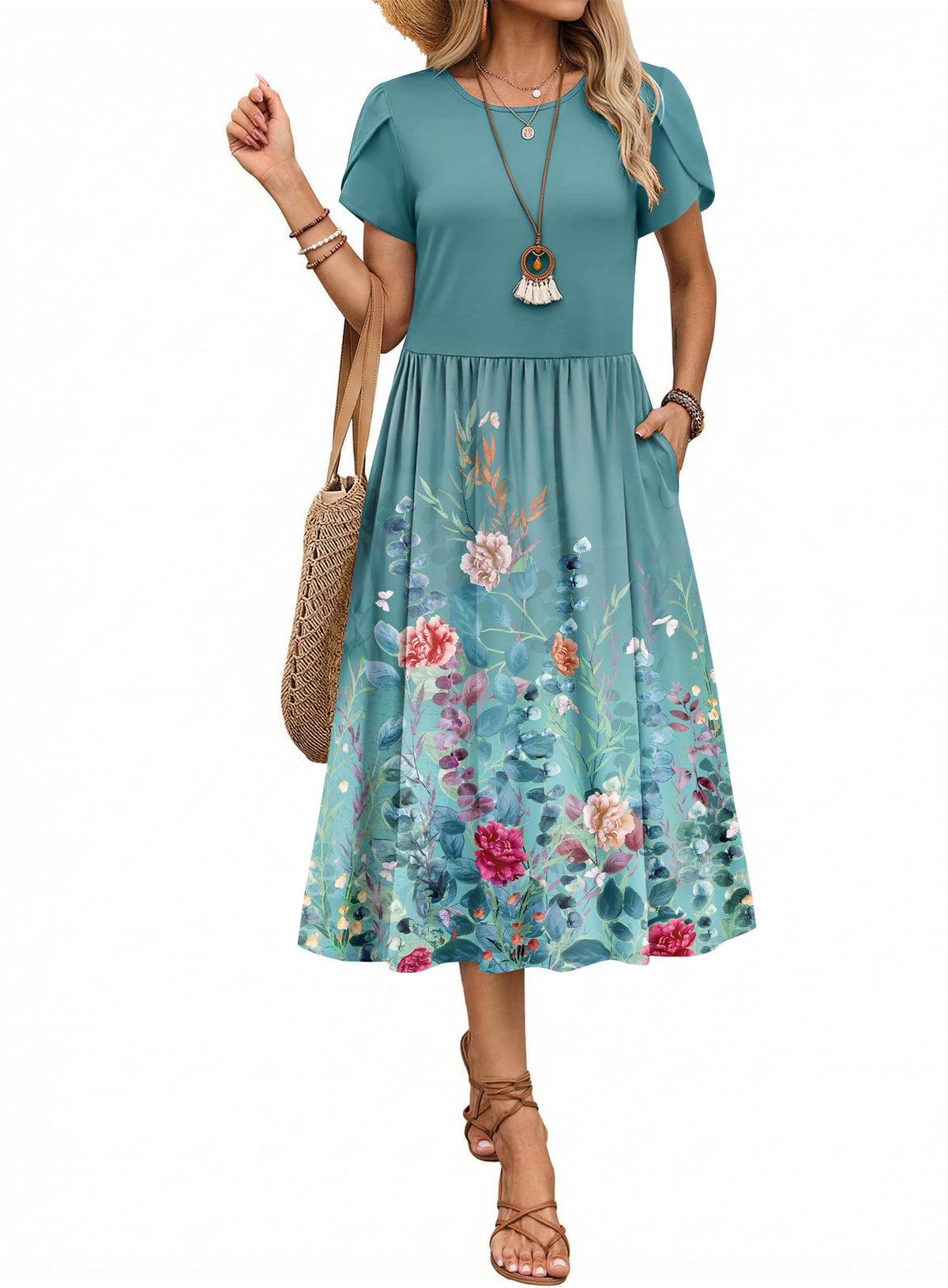 Zeagoo Womens Summer Dresses Casual Aline Midi Dress Short Sleeve Floral Tshirt Dress Flowy Beach Sundresses with Pockets