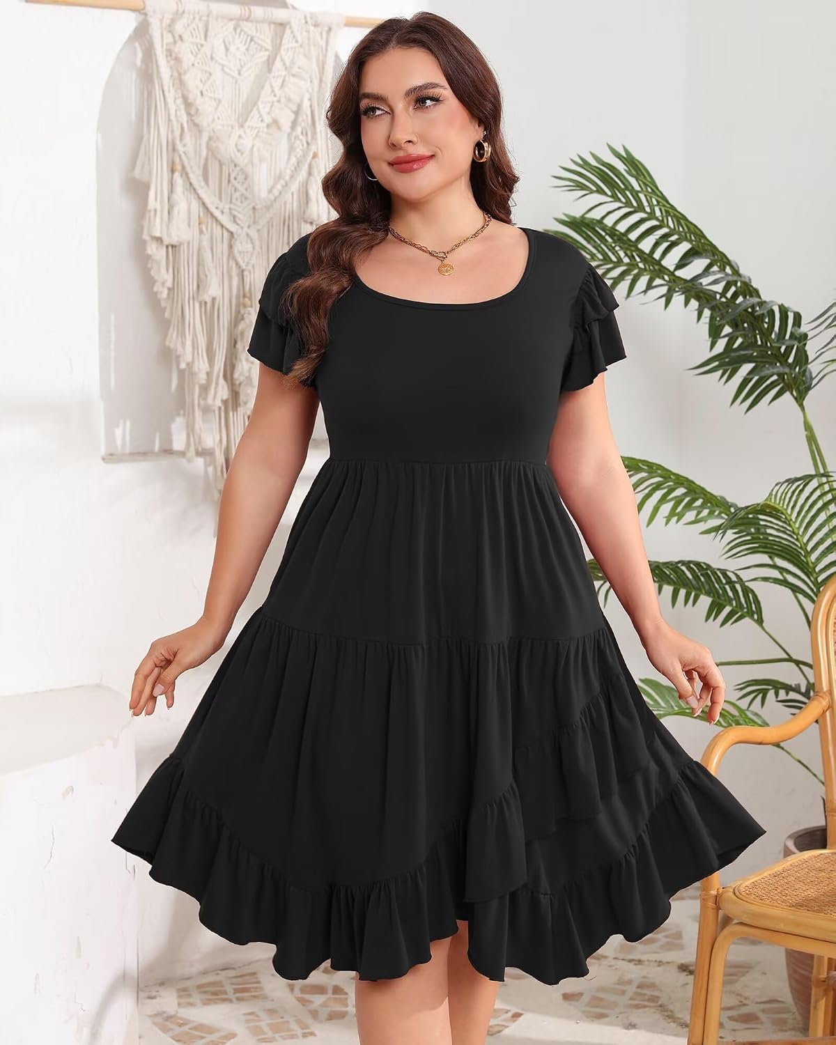Womens Plus Size Casual Dress Square Neck Double Ruffle Short Sleeves 2 Pockets Ruffled Hem Flowy Dresses