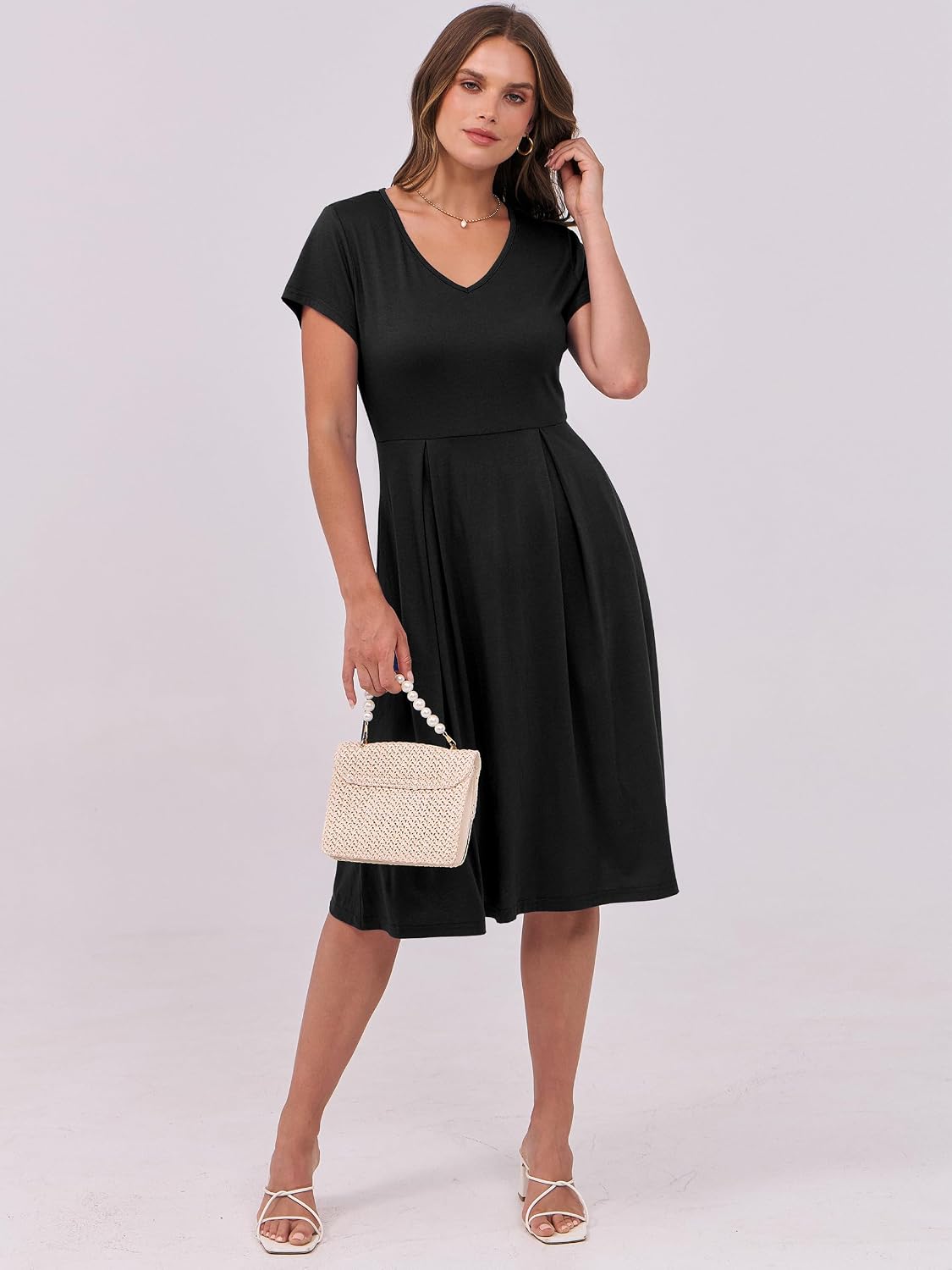 ANRABESS Women Summer Dress Casual Short Sleeve V Neck A-Line Knee Length Pleated Flowy 2026 Fashion Midi Dresses with Pocket