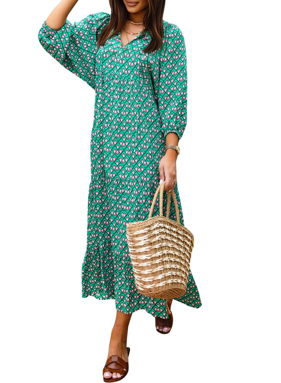 miduo Womens Casual V Neck Half Sleeve Bohemian Geometric Maxi Long Dresses