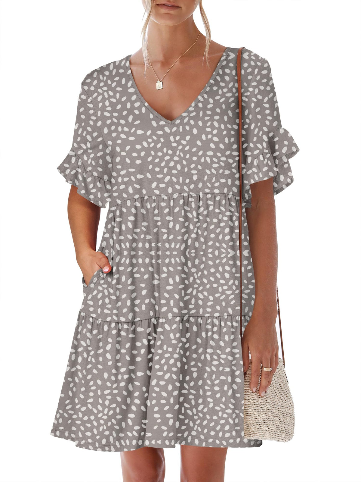 ANRABESS Dresses for Women Summer 2026 V Neck Ruffle Sleeve A Line Tiered Flowy Casual Trendy Mini Beach Dress with Pockets