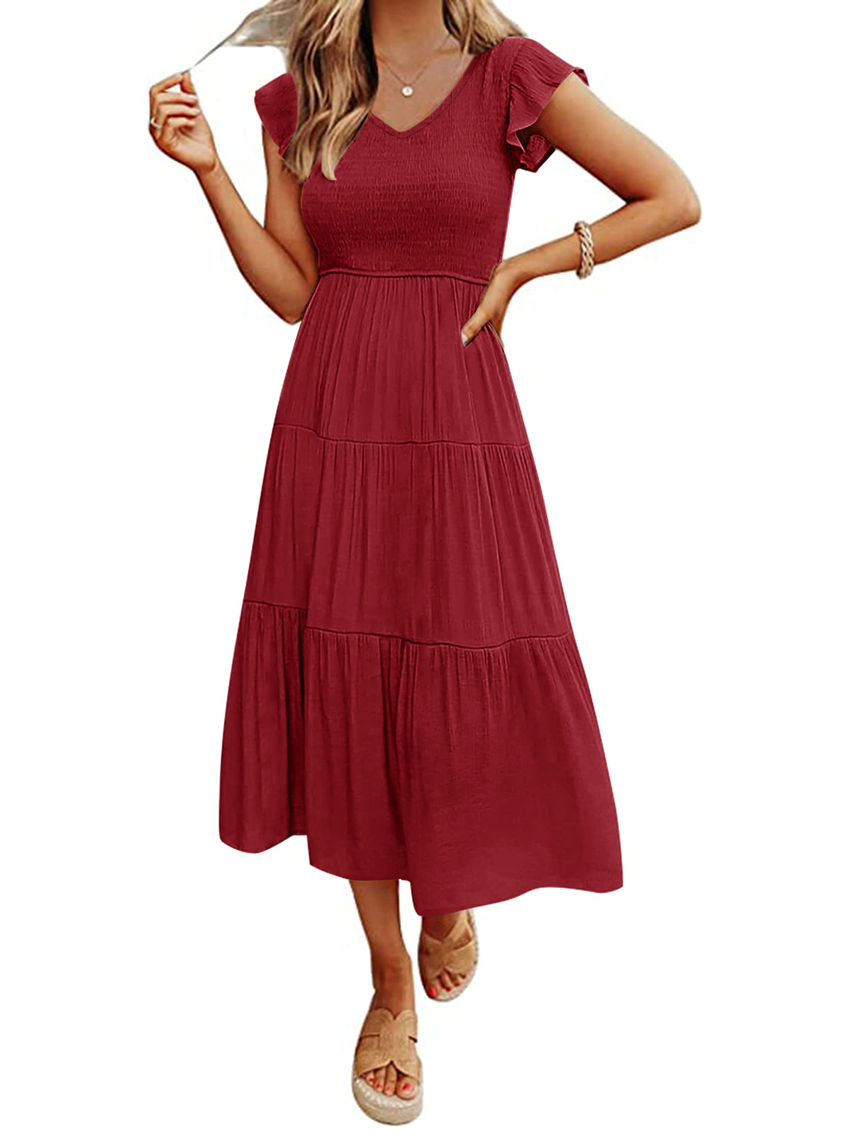MEROKEETY Women's Summer 2026 Flutter Sleeve Smocked Casual Midi Dress