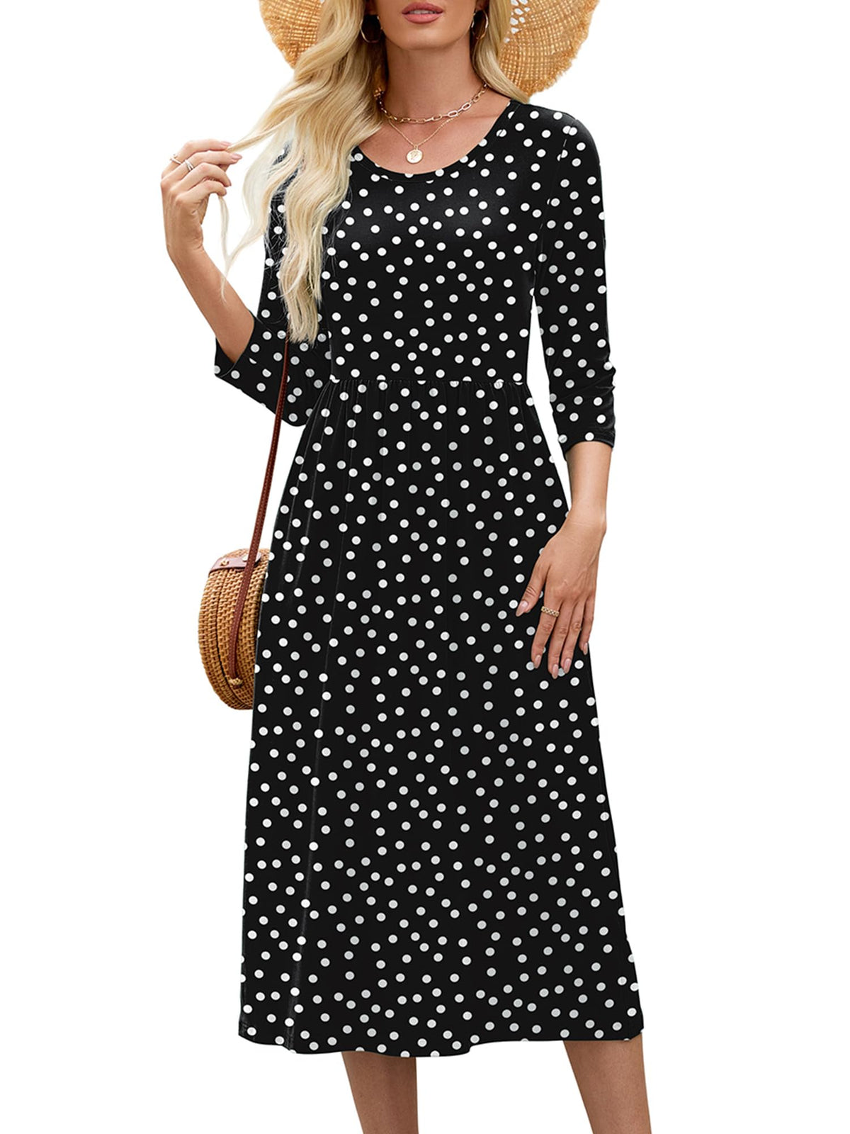 Heymoments Women's Casual 3/4 Sleeve Midi Dress with Pockets