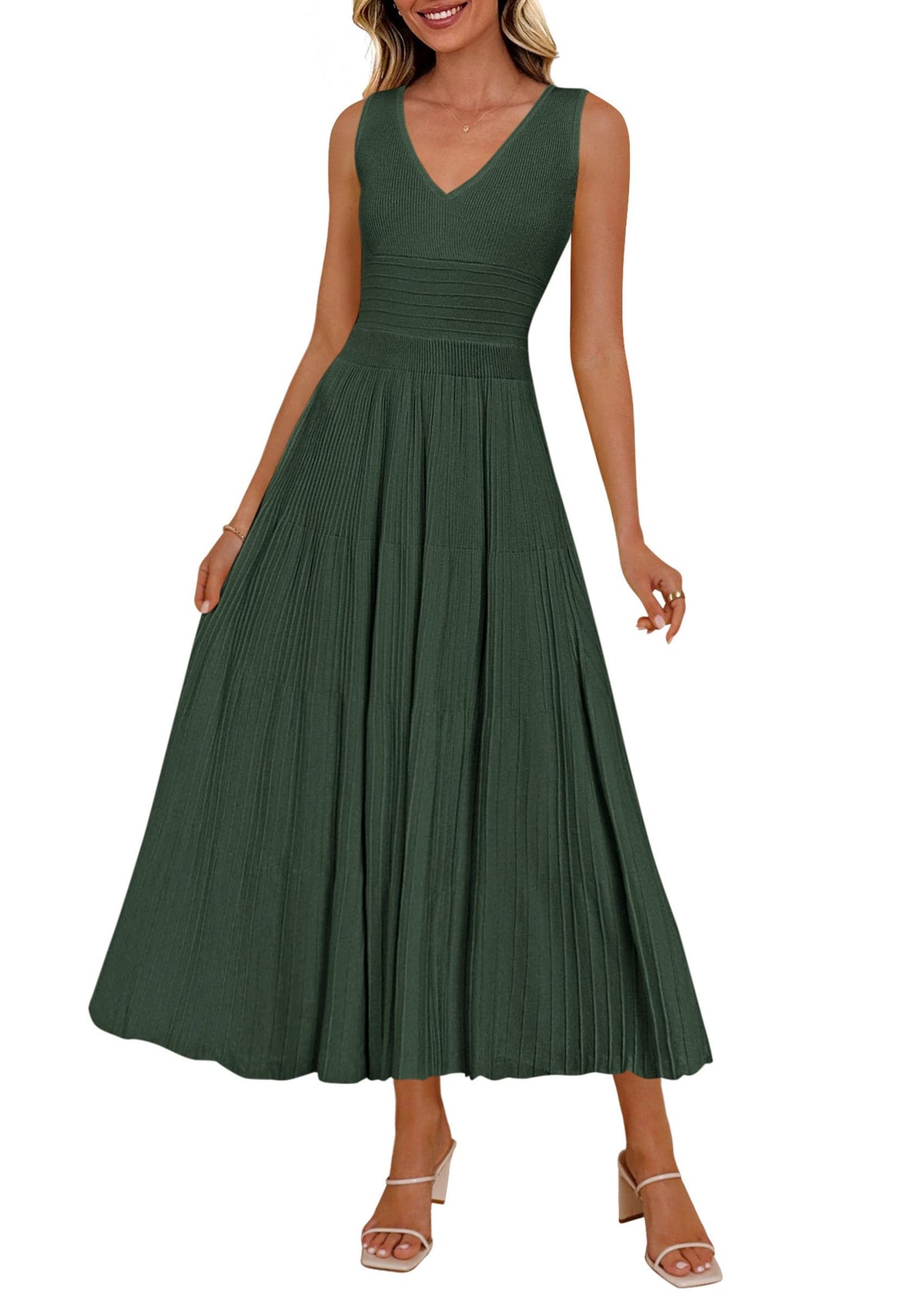 PRETTYGARDEN Women's Summer V Neck Pleated Midi Dress