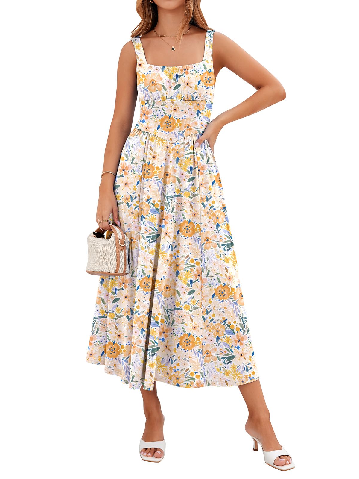 YIOYOLA Womens Casual Summer Dress with Pockets | Sleeveless Square Neck Flowy A-Line Midi Sundress for Beach & Wedding Guest