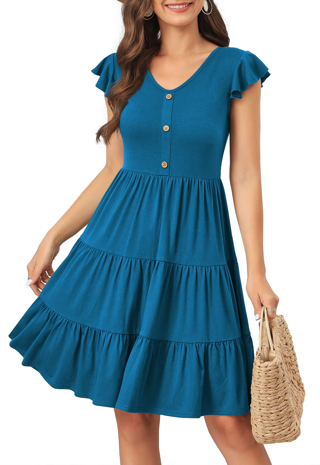 Lamilus Summer Dresses for Women 2026 Ruffle Sleeve V Neck Non-See Through Tiered Babydoll Mini Dress Graduation Beach