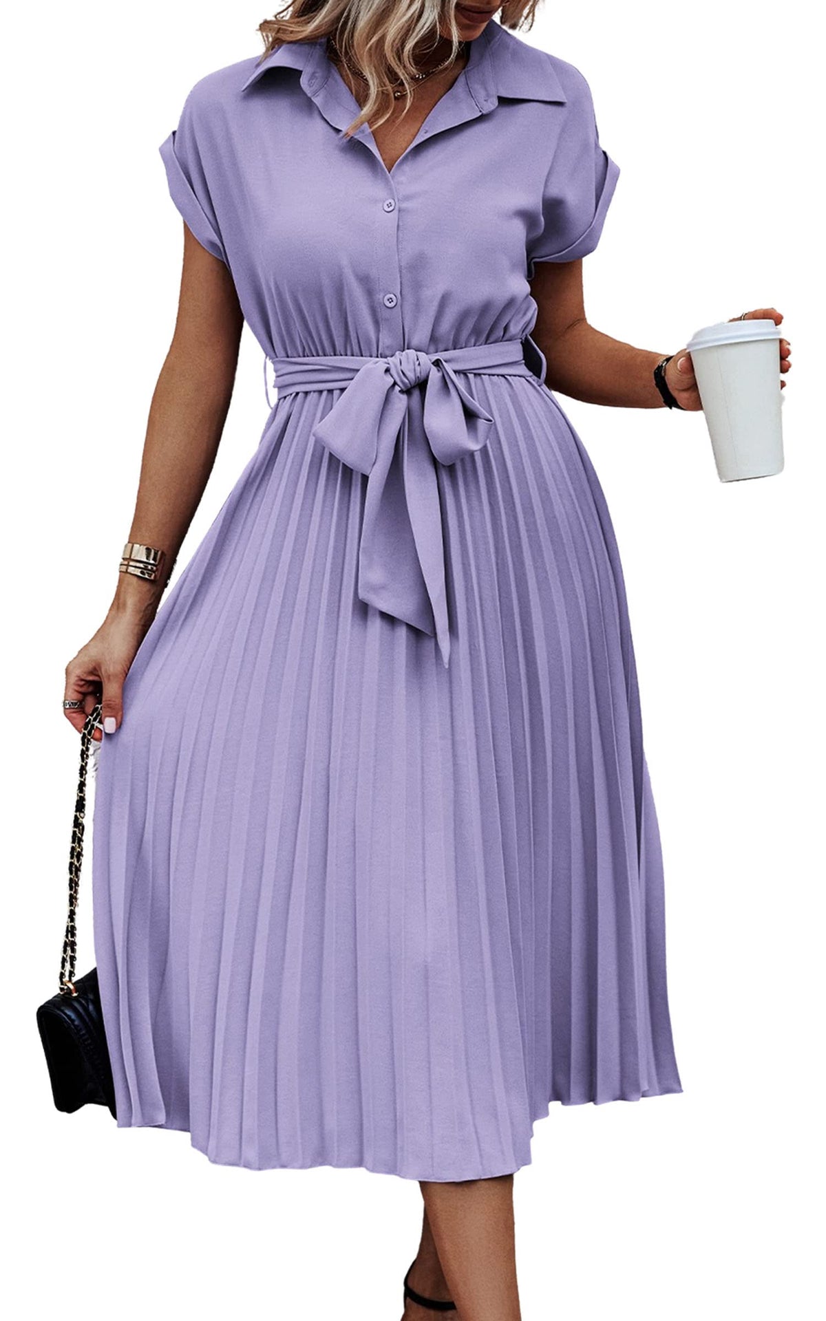 ECOWISH Womens Casual Midi Dresses Solid V Neck Short Sleeve Button Shirt Belted Dress with Pockets for Spring Summer 2026